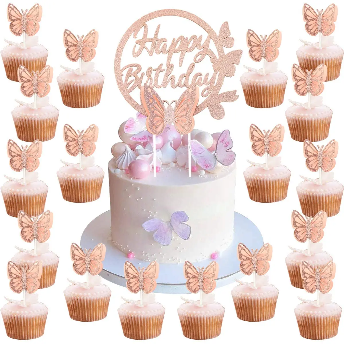 25pcs Rose Gold Glitter Butterfly Cupcake Toppers Happy Birthday Cake Topper Kit for Girls Butterfly Birthday Party Decorations