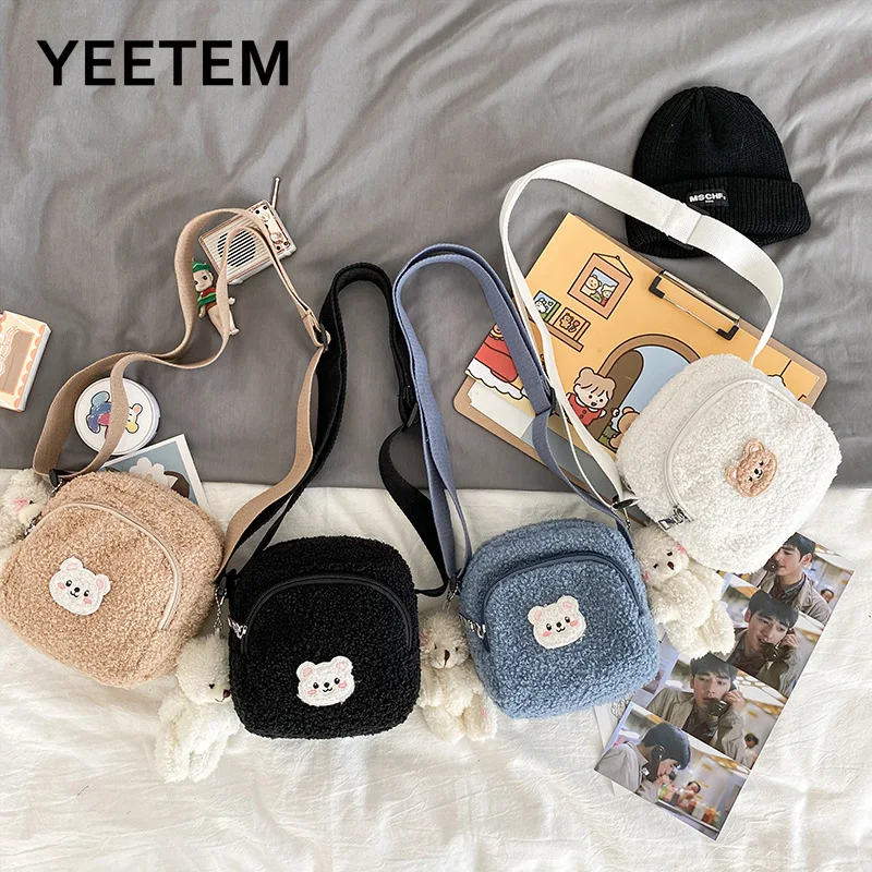 

2020 Autumn Winter New Cute Bear Messenger Bag Women Plush Mobile Phone Bag Girls Small Bag Purses Handbags Fashionable