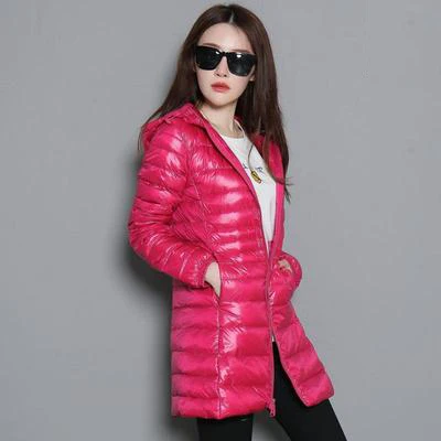 hot pink 7XL, зимняя женская парка на белом утином пуху, яркие цвета, мягкие куртки, Женская длинная куртка на утином пуху, верхняя одежда, ультралегкие пальто с капюшоном, U542 - Цвет: hot pink