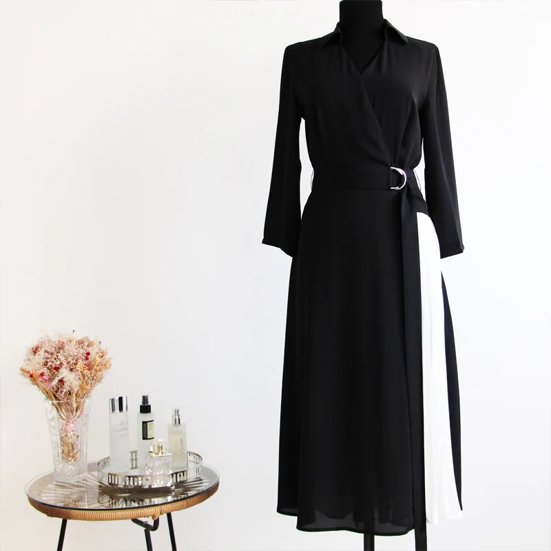 2019 Осеннее женское платье с V образным вырезом длинными рукавами и