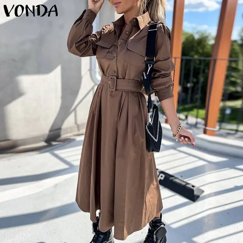 

Осеннее платье-рубашка VONDA, женские весенние однотонные платья, свободные богемные платья большого размера с длинным рукавом, отложным воро...