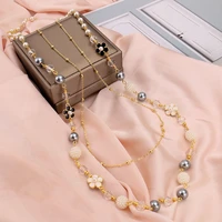 women layered pearl long necklace collares de moda camellia flower party sweater chain necklace jewelry