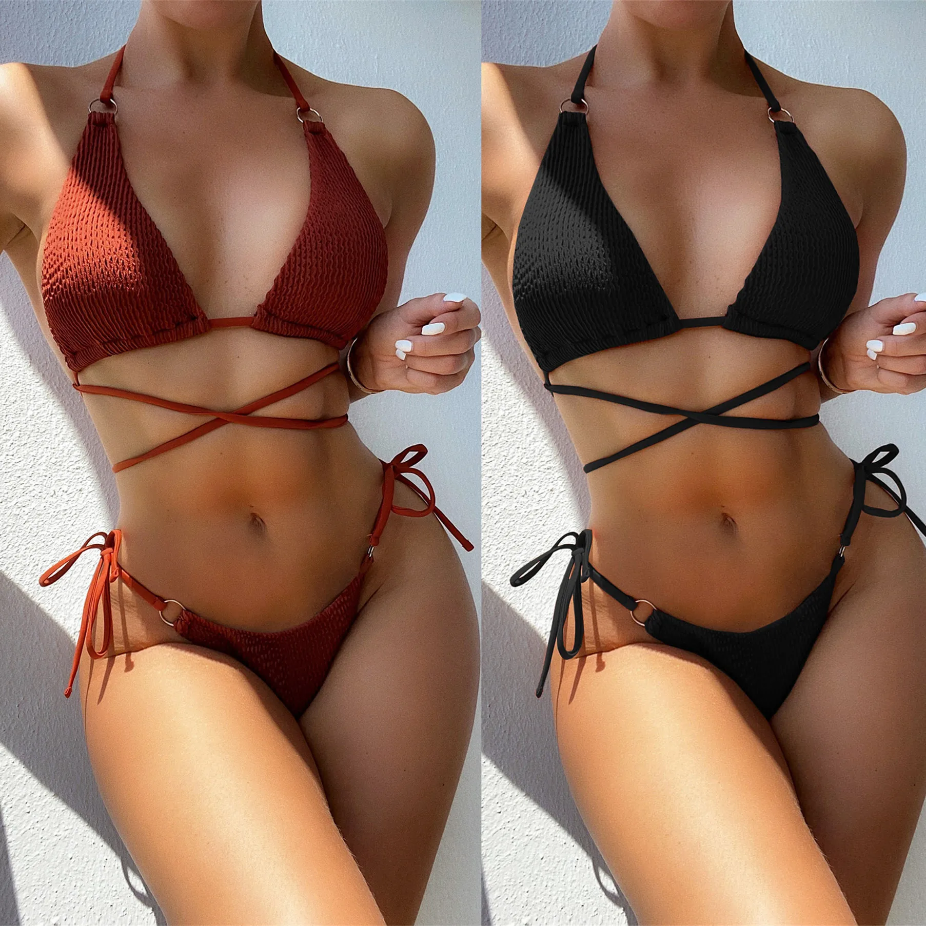 

Сексуальные бразильские стринги, женское бикини, модель 2021 года, бандажный однотонный купальник, комплект микро-бикини, летняя пляжная одеж...
