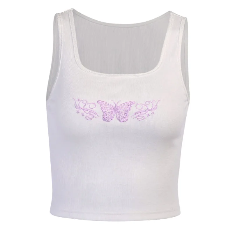 

cross border embroidery slim Butterfly Embroidery short vest women's exposed navel color contrast comfortable top