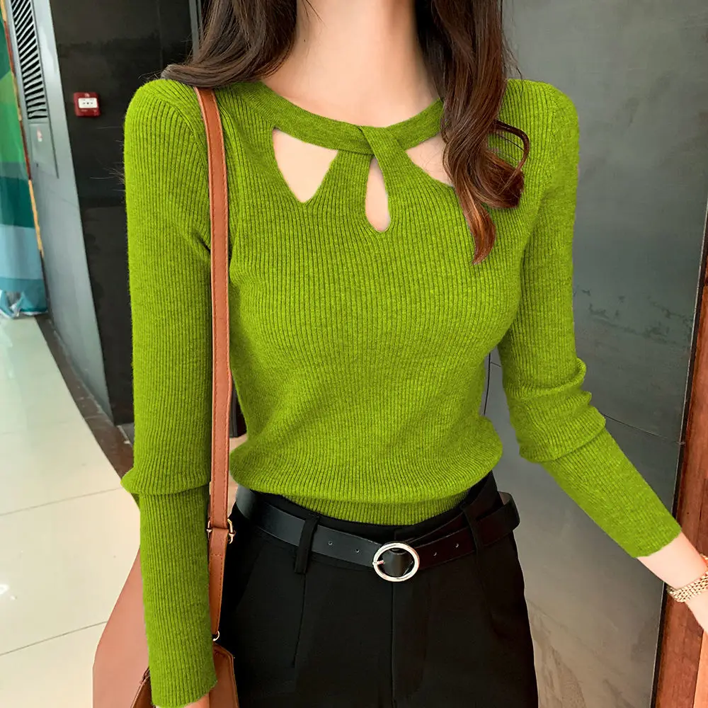 

Spring Autumn Women's Sweaters Sexy Hollow Out Design Soft Fabric Slim Oversized Stretch Base Top Pullovers Full Color Female