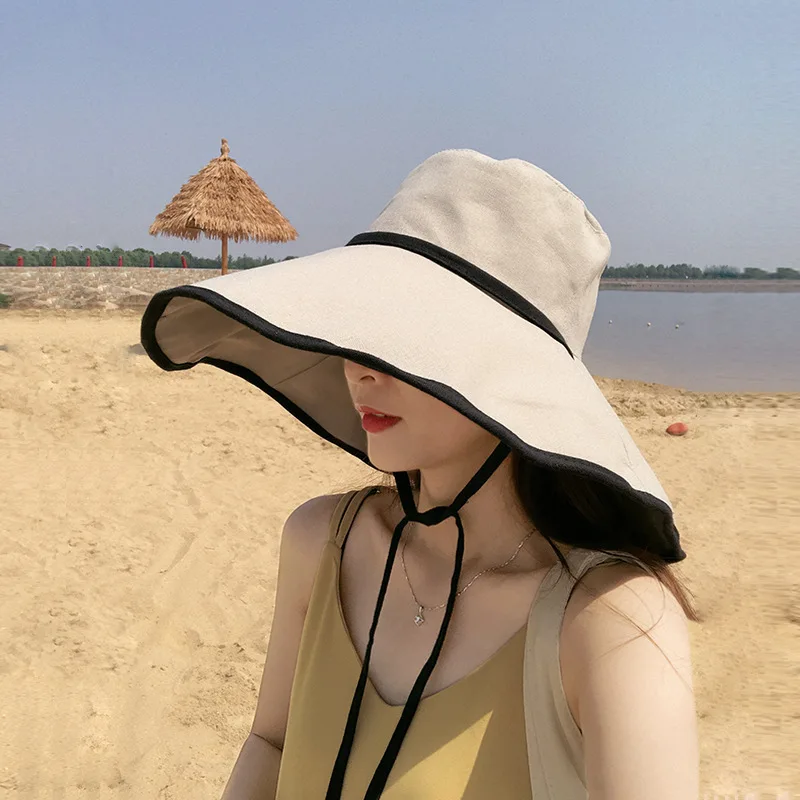 

Large Brim Sun Hats for Women Chinstrap String Foldable Fashion French Style Outdoor Travel Beach SunHat