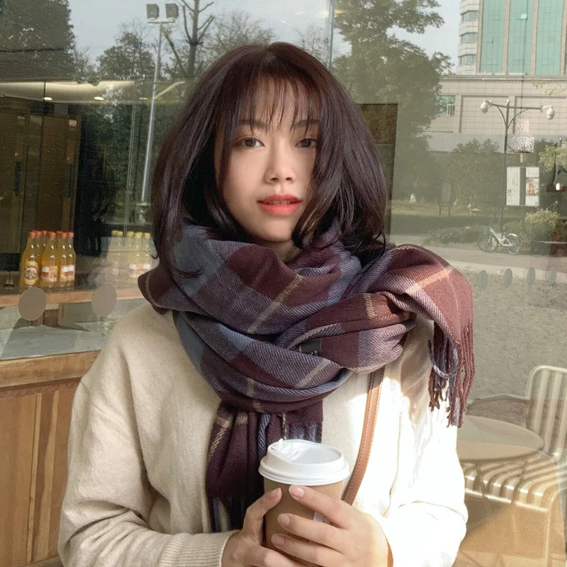 2019 Faux cachemir Plaid Scarf para mujer Lana Pashmina invierno cálido chal Poncho señoras gruesa borla buf |