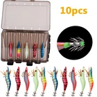 10 шт.коркор. рыболовные крючки для приманки для кальмара, деревянные рыболовные крючки для креветок, пластиковые приманки в пластиковой коробке