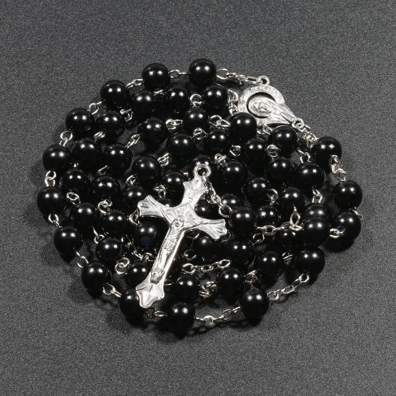 

Religious Christianity Artificial Pearl Rosary Necklace Virgin Mary Jesus Cross Pendant Necklace Chain Fashion Jewelry