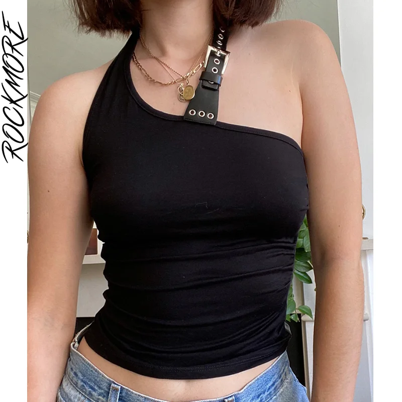 

Rockmore Gothic Leather Buckle Halter Crop Tops Women Y2K Slim Tank Top Black Sexy Sleeveless Corset Camis Punk Solid Tee Korean