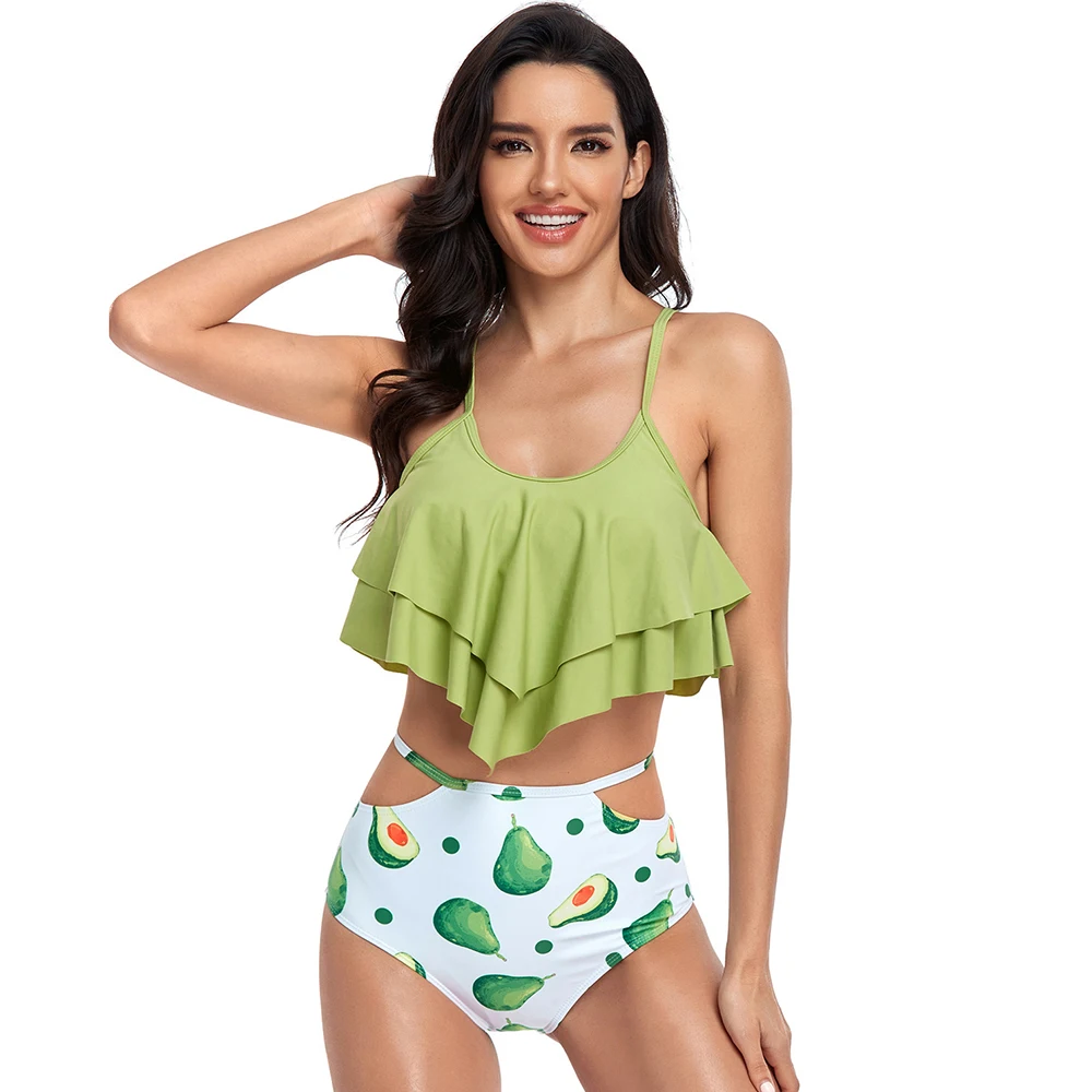 

2021 New Double Ruffle Bikini Set High Waist Swimwear Women Push Up Swimsuit Print Bathing Suits Summer Beach Wear Swimming Suit