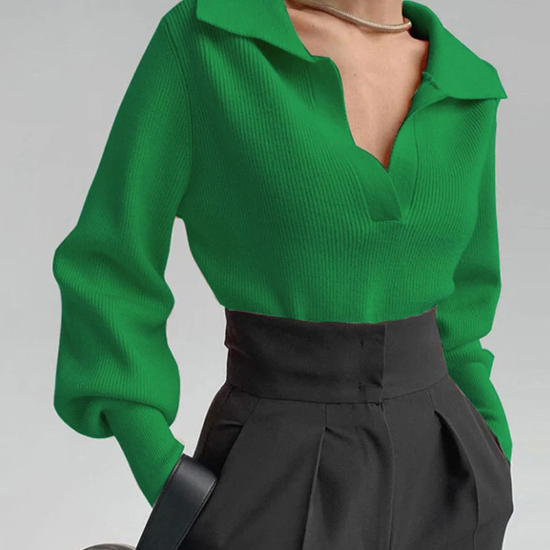 

Женский вязаный свитер с длинным рукавом-фонариком и V-образным вырезом