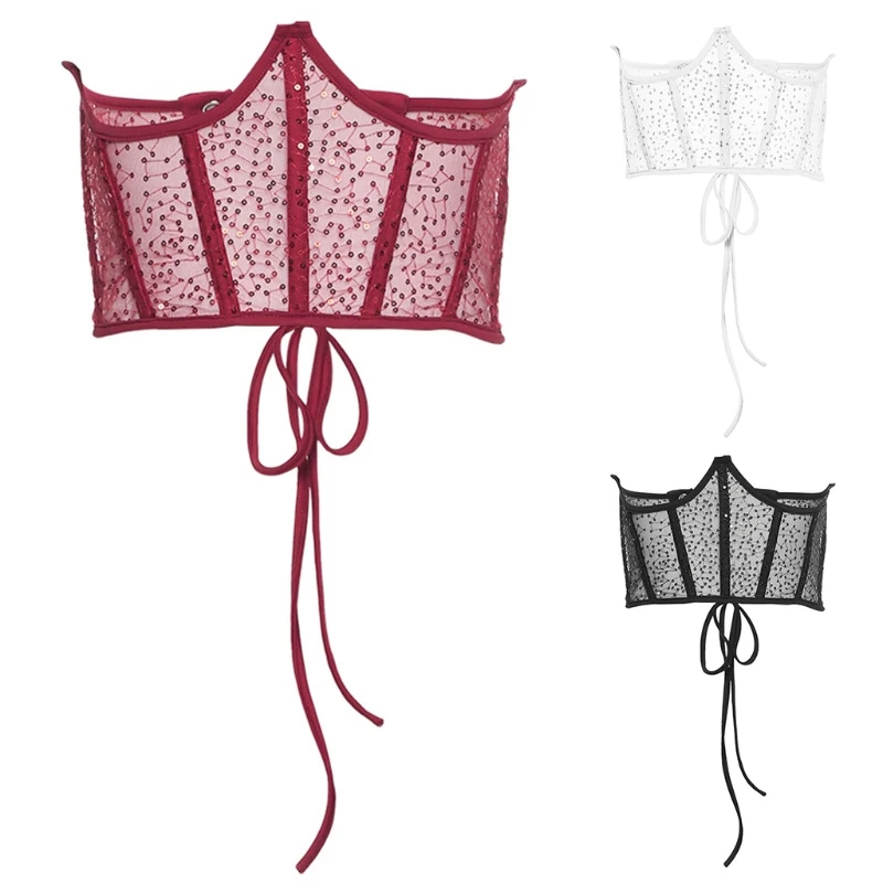 

Women Sheer Lace Mesh Corset Underbust Bustiers Glitter Sequins Solid Color Wide Waist Belt Shaper Cincher Tie Bandage Slim Shap