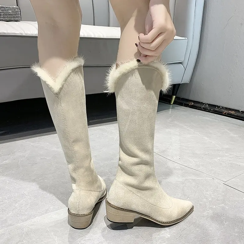 

New Winter Women Boots Casual Warm Fur Mid-Calf Boots Shoes Women Slip-On Round Toe Wedges Snow Boots Shoes Muje Plus Size 45