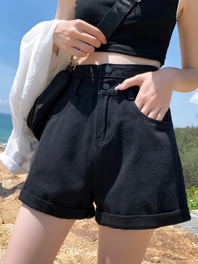 

High waist denim shorts women's summer 2021 new er high waist thin loose and thin wide leg A-shaped curled edge hot pants