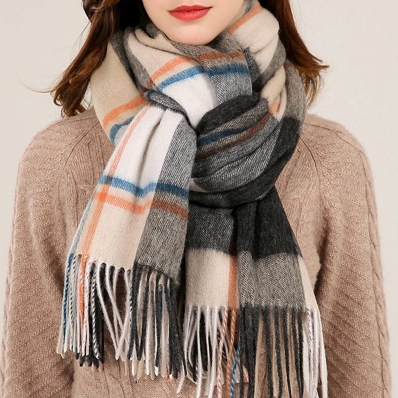 Зимний шарф из 100% шерсти женские плотные теплые шали и палантины клетчатые шарфы