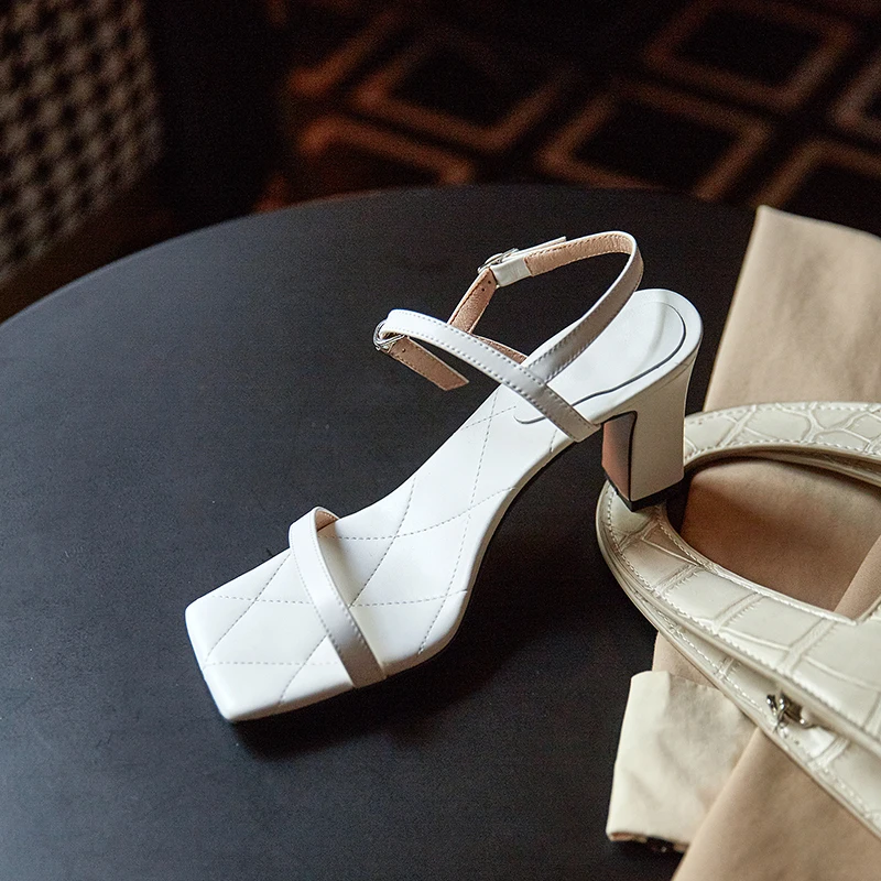 

ENMAYLA Casual Genuine Leather Buckle Strap Mature Square Toe Women Sandals Luxury Shoes Women Designers Fashion Sandals 34-40