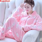 Ночная одежда kuпокасси, Женский пижамный комплект на зиму, кардиган с лацканами и длинным рукавом, мультяшная одежда для сна, фланелевые пижамы, теплые пижамы для девочек