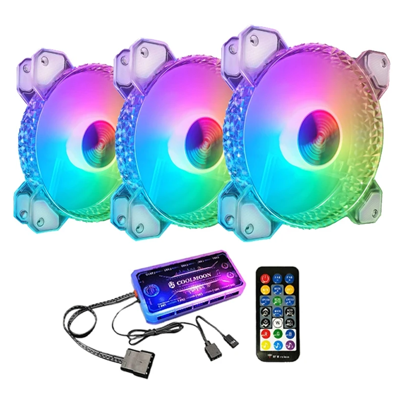 

COOLMOON Crystal Diamond RGB Fan Sets, 12cm Silent Long-Life Rgb Luminous Chassis Cooling Fan Set for PC