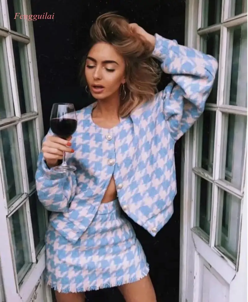 

Vintage Sweet Women Pearl Button Check Gingham Plaid Blazer High Waist A line Mini Short Skirts Long Sleeve Suits 2 Pieces Set
