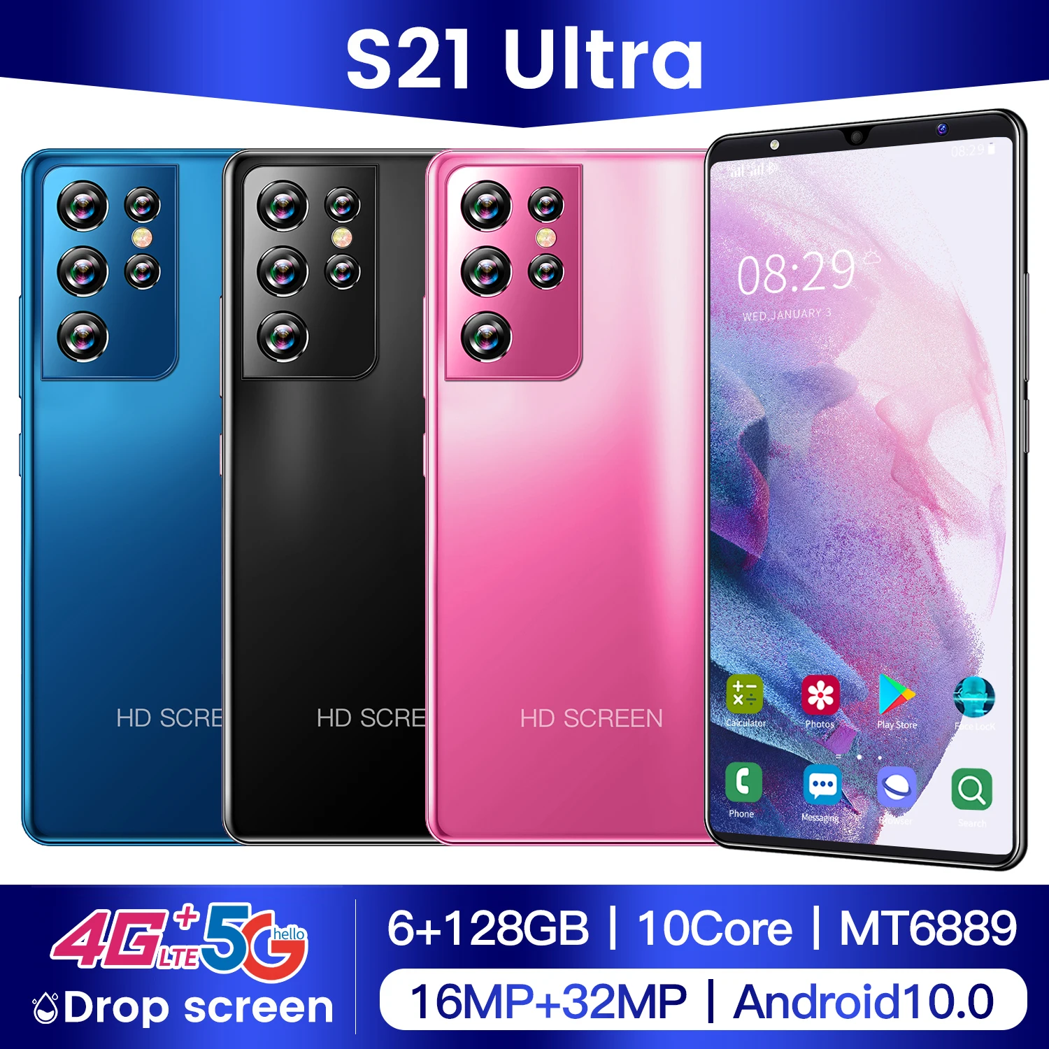 

2021 Hot Sale S21 Ultra 10Core Drop Screen Smartphone 8+128G MT6889 16MP+32MP Android 10 4G 5G Fingerprint Face ID