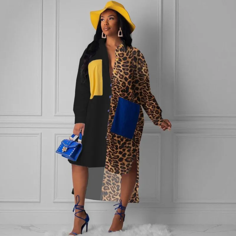 Женское платье-рубашка с длинным рукавом и леопардовым принтом | Женская одежда