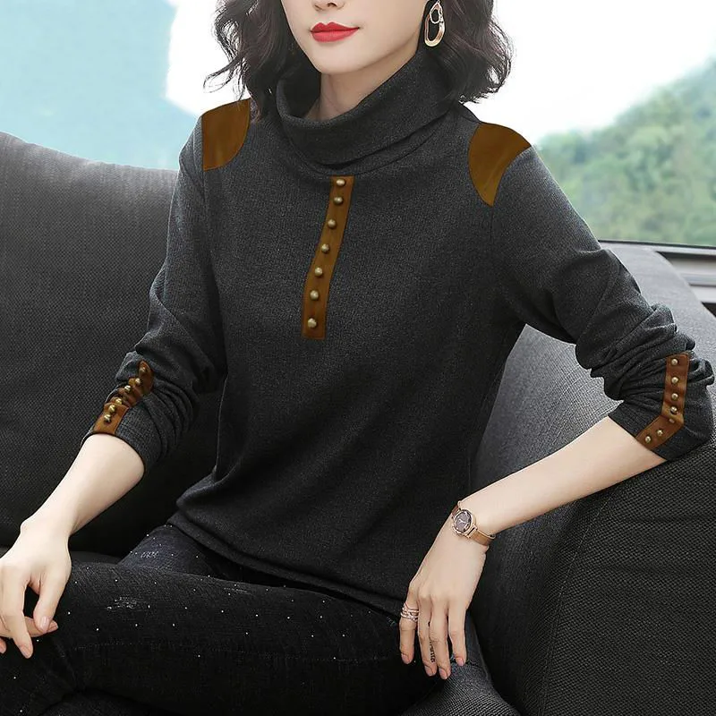 

Knit Sweater New All-match Western-style High Neck Blouse Light Cooked Ins Korean Long-sleeved T-shirt Women
