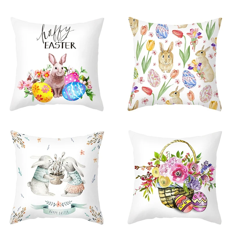 

4Pcs Happy Easter Pillowcase Easter Decorations For Home Party Sofa Rabbit Bunny Eggs Pillow Cover 45X45cm