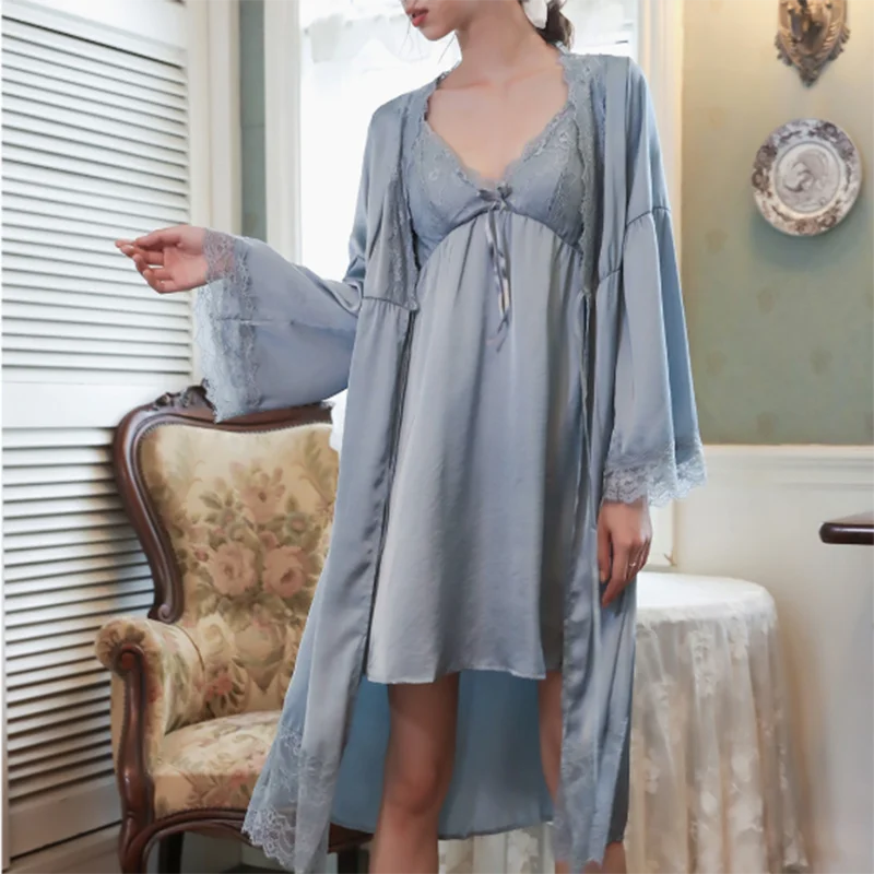 

Maison Gabrielle Leaver Lace Satin Pajamas Set 2-Pieces Slip Dress Robe Nightgown Dressing Gown French Court Style Vintage Retro