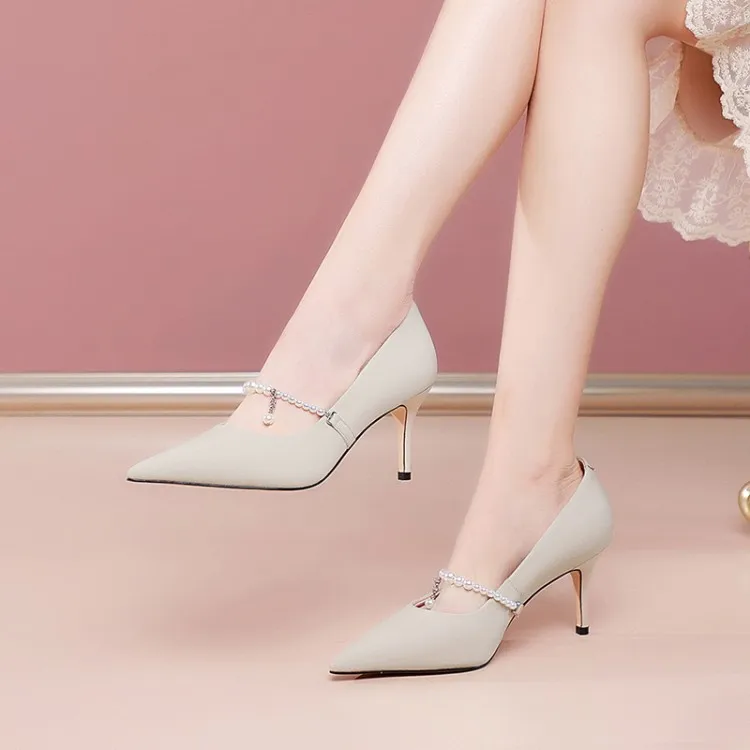 

MLJUESE 2021 Women Pumps Soft Sheepskin Autumn Spring String Bead Mary Janes Green color Pointed toe high heels pumps