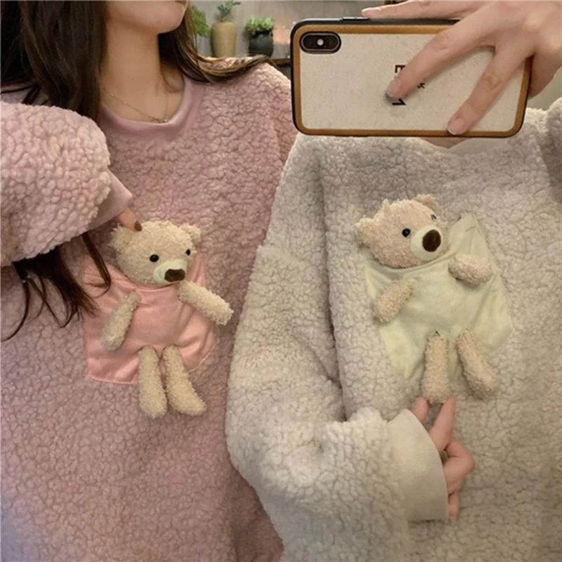 

2021 Autumn Winter Women's Sweatshirt Fashion Casual Thick Fleece Hoodies Korean O Neck Solid Kawaii Women Sweatshirt