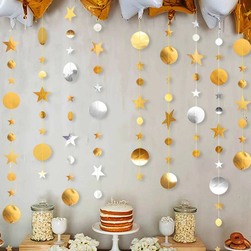 

4m Mirror Paper Star Round Garland Wedding Decoration Flash Banner Valentine's Day Birthday Party Decoration Baby Shower Decor
