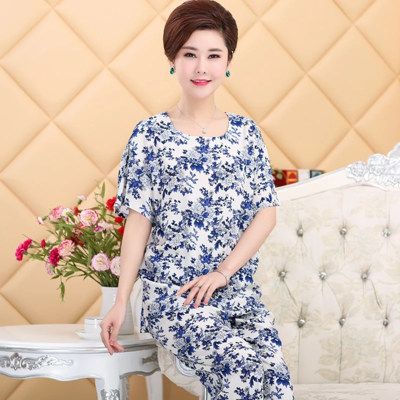 

Moms wear home service summer short-sleeved cotton suit XL middle-aged and elderly pajamas casual loose printing pijama 2020