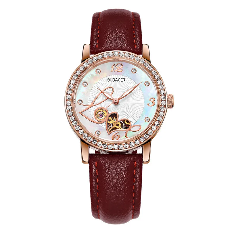 Relogio feminino, OUBAOER, автоматические механические часы для женщин, модные, стразы, полый дизайн, часы с кожаным ремешком, водонепроницаемые часы - Цвет: rose red 005B