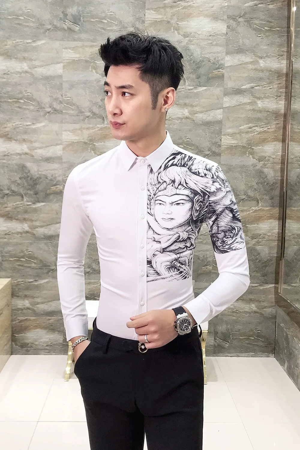 Платье рубашка Корейская одежда мужская рубашка camisa social Повседневная приталенная мужская с принтом вечерние рубашки для клуба Camisa Masculina