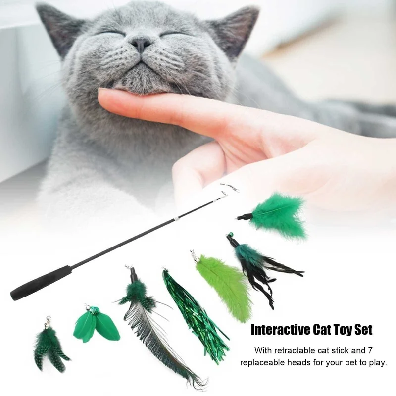 

Retractable Cat Stick Interactive Toy With 7 Replacement Heads Pets Teaser Toys Set Kitten Dog Exercise Training Rod