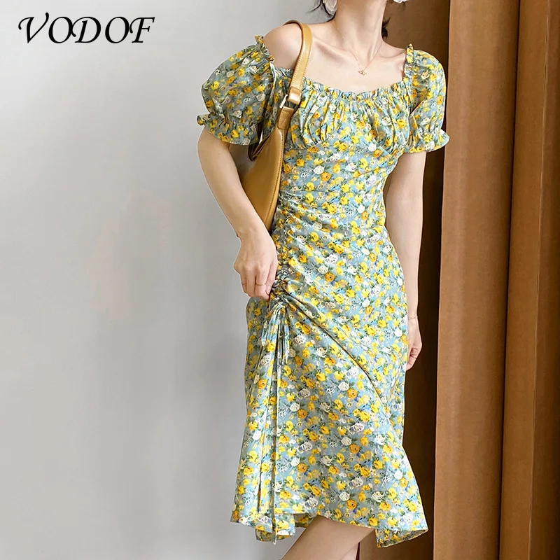 VODOF Summer Dress Women's Short Sleeve Sleeve Floral Print Ruffle Party High Split Long Skirt Dress Drawstring Sexy