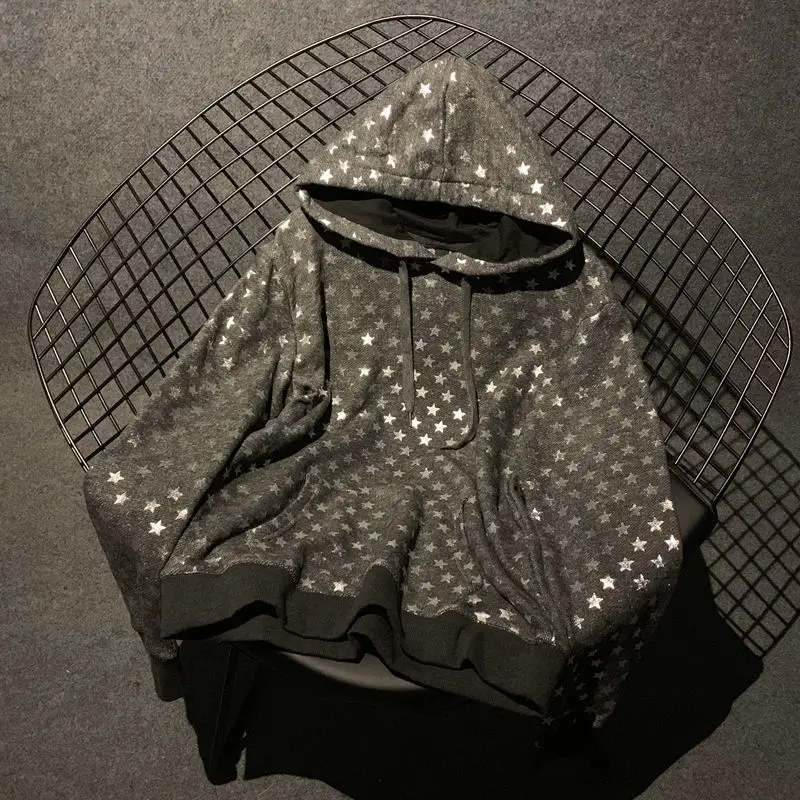 

European Style Women's Hoodie 2022 Spring Autumn New Silver Powder Star Print Sports Loose Hooded Female Sweatshirt