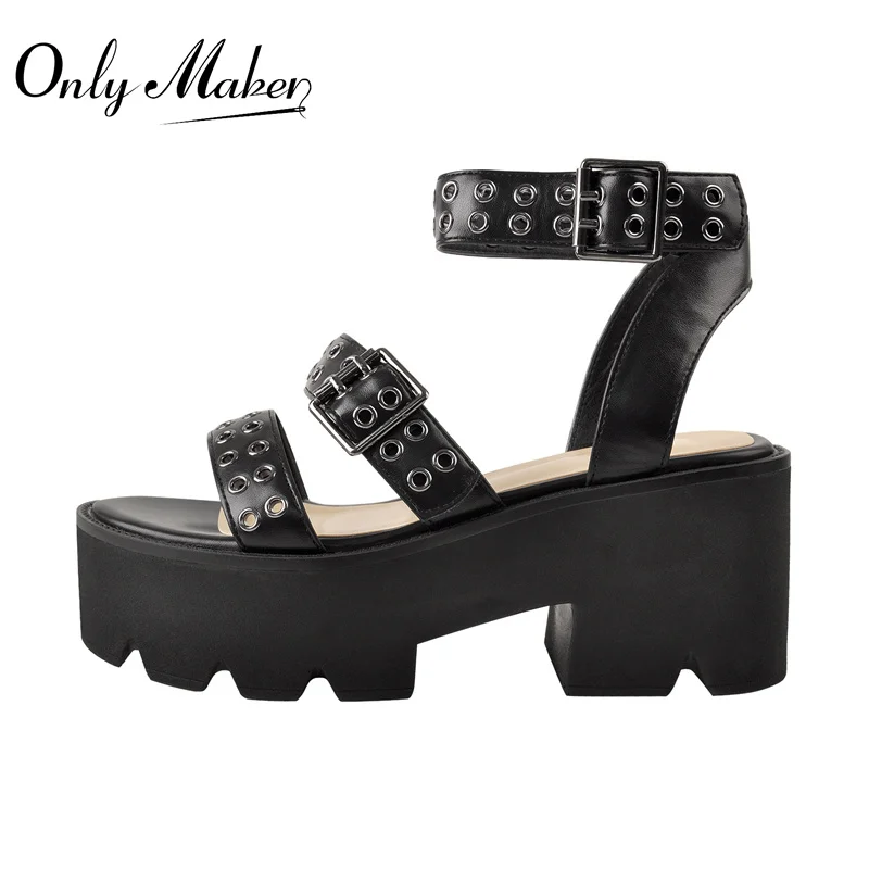 

Onlymaker Summer Chunky Heel Platform Sandals Fashion Women Open Toe Buckles Metal Ring Hollow Matte Black Punk Large Size Shoes