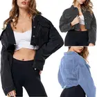 Джинсовая куртка-бойфренд для женщин, укороченная куртка из денима оверсайз, винтажная короткая куртка с длинным рукавом, повседневное Свободное пальто, черный бомбер