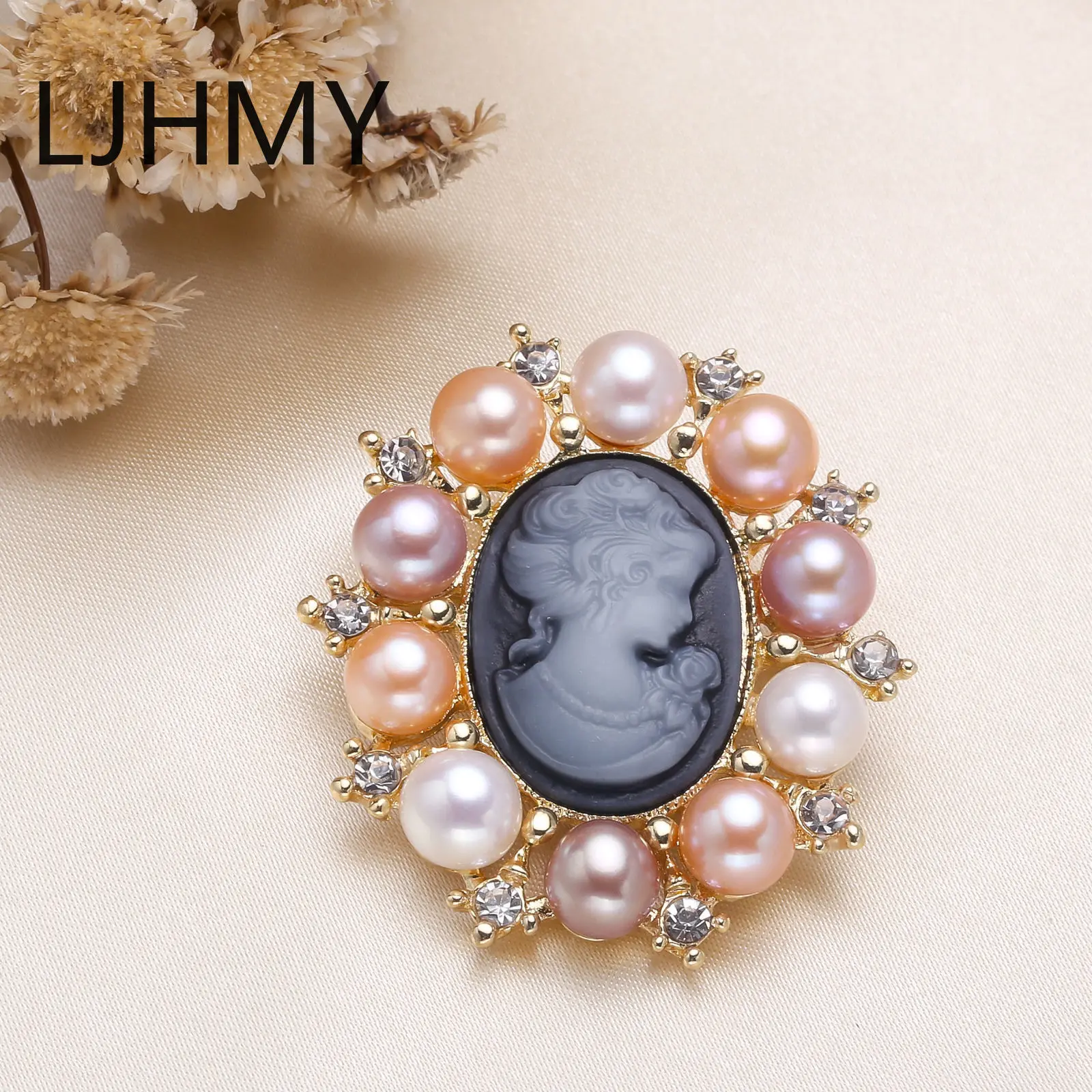 Gray Muliti Pearl Горный хрусталь винтажная Женская Камея Брошь булавка с белым натуральным пресноводным жемчугом рождественские подарки для женщин эмалированная булавка и броши - Окраска металла: Gray Muliti Pearl