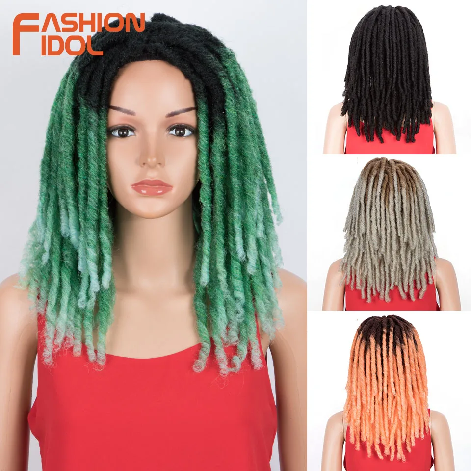 FASHION IDOL 16 Inch Faux Locs Braiding Hair Wig Ombre Green Dreadlocks Crochet Hair Extensions Synthetic Wigs For Black Women