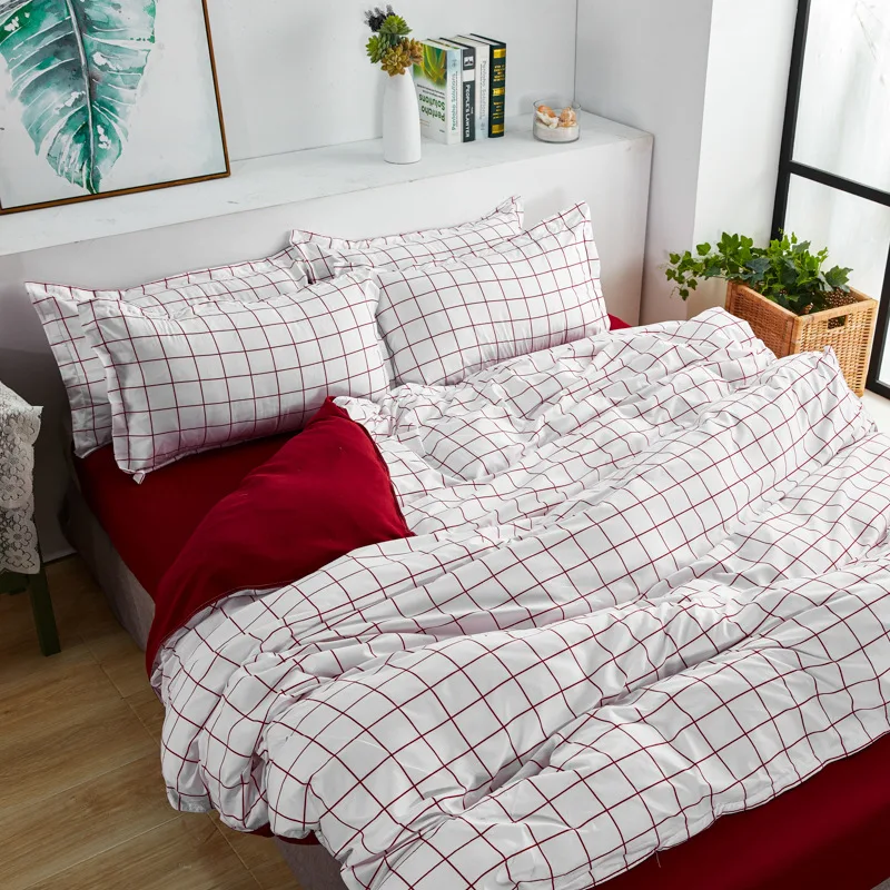 

Bedding Set 3/4pcs Home Textile AB Side Red Lattice Duvet Cover Pillowcase Flat Sheet Simple Single Double Bedline Dropship