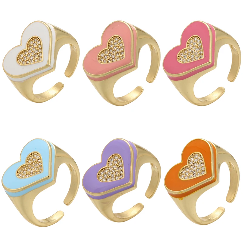 

ZHUKOU gold color Heart rings for women summer Dripping oil Enamel CZ crystal opening chunky ring Trendy Jewelry wholesale VJ208