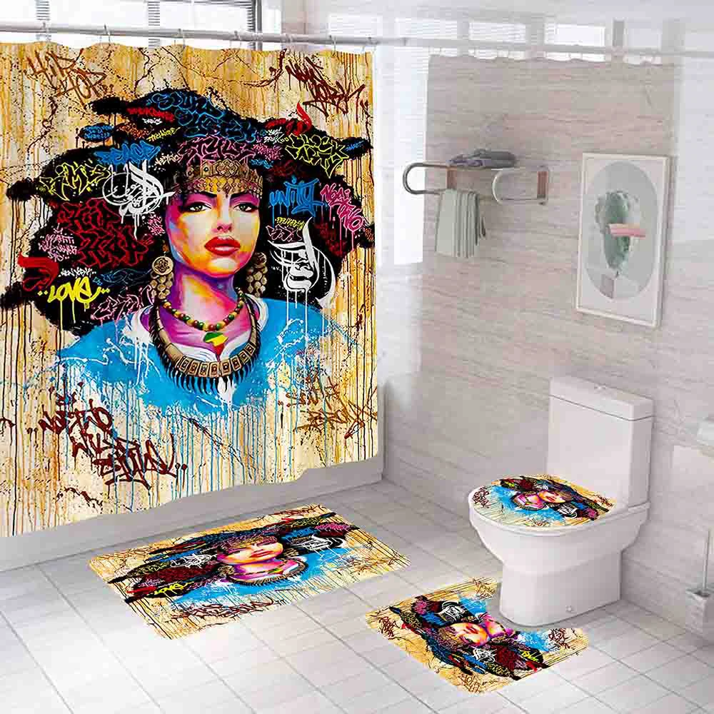 Комплект занавески для душа в афроамериканском стиле с граффити девушек и женщин