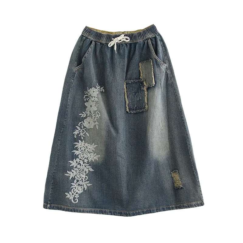 Осенняя Юбка Ретро Женская эластичная талия свободная джинсовая юбка 2019 Новая