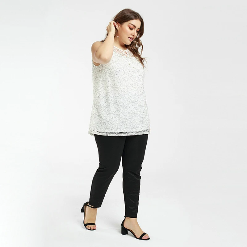 Plus Size Chiffon Blouse Clothes 2021 Women Lace Stitching Sexy Sleeveless Urban Casual Top Solid Color Pattern Loose Round Neck