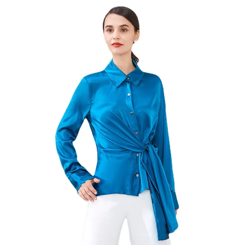 

Silk mulberry silk shirt women 2021 spring lace-up blouse white long-sleeved blouse