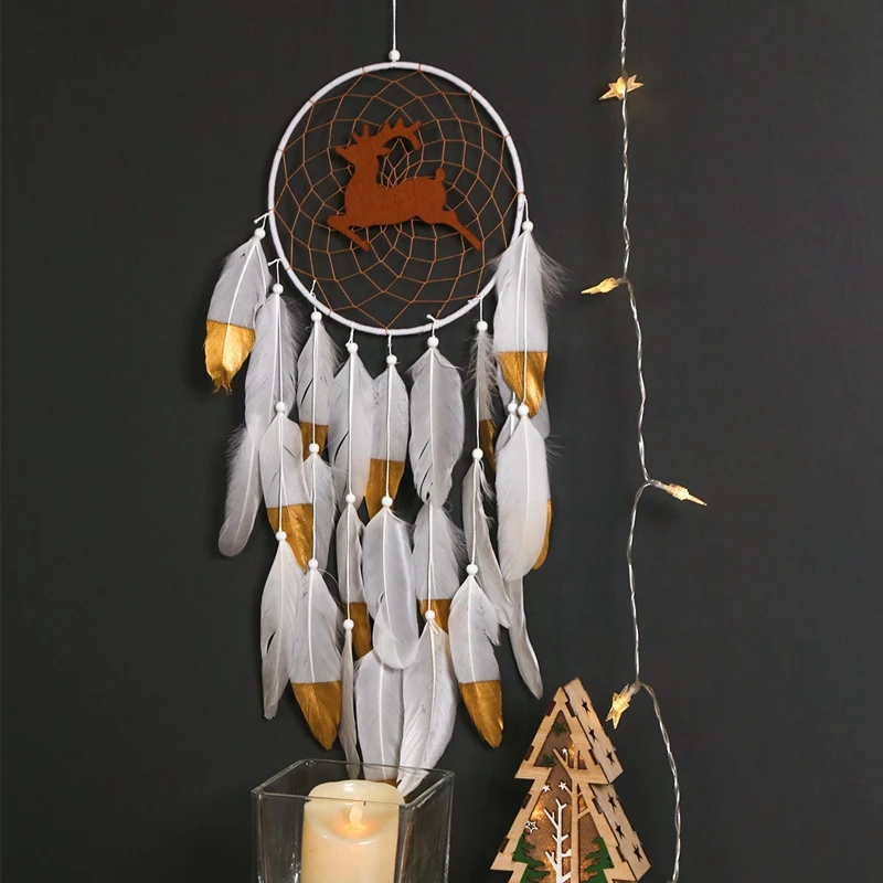 

Christmas Dream Catcher Handmade Xmas Elk Dreamcatcher with Feathers Wall Hanging Decoration Home Dream Pendant CNIM Hot