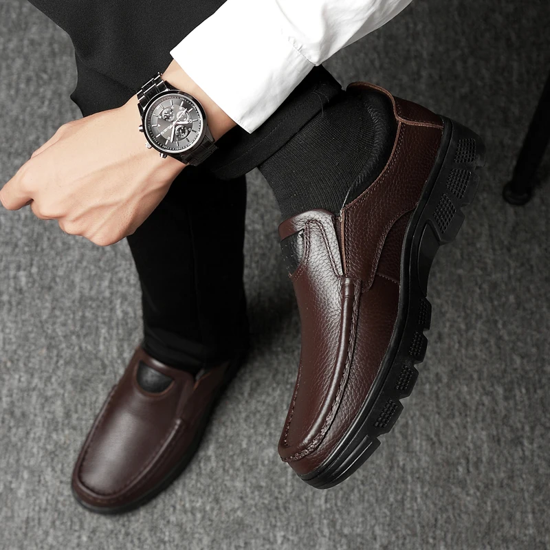 Мужские мокасины из натуральной кожи коричневые или черные Лоферы без застежки с